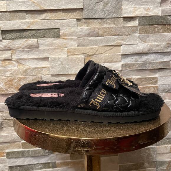 Juicy Couture M Black Faux Fur Slippers | Gold Script Logo, Cozy Y2K Glam - Picture 8 of 8